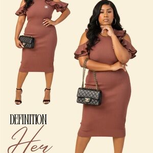 Brown Ruffle Cold Shoulder Dress